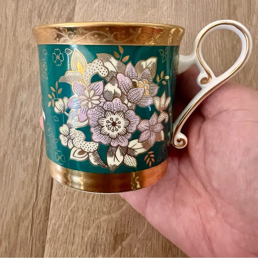 Hankook Super Bone‎ China Tea Coffee Cup, Green Pink Flower Gold Trim Vtg NWT